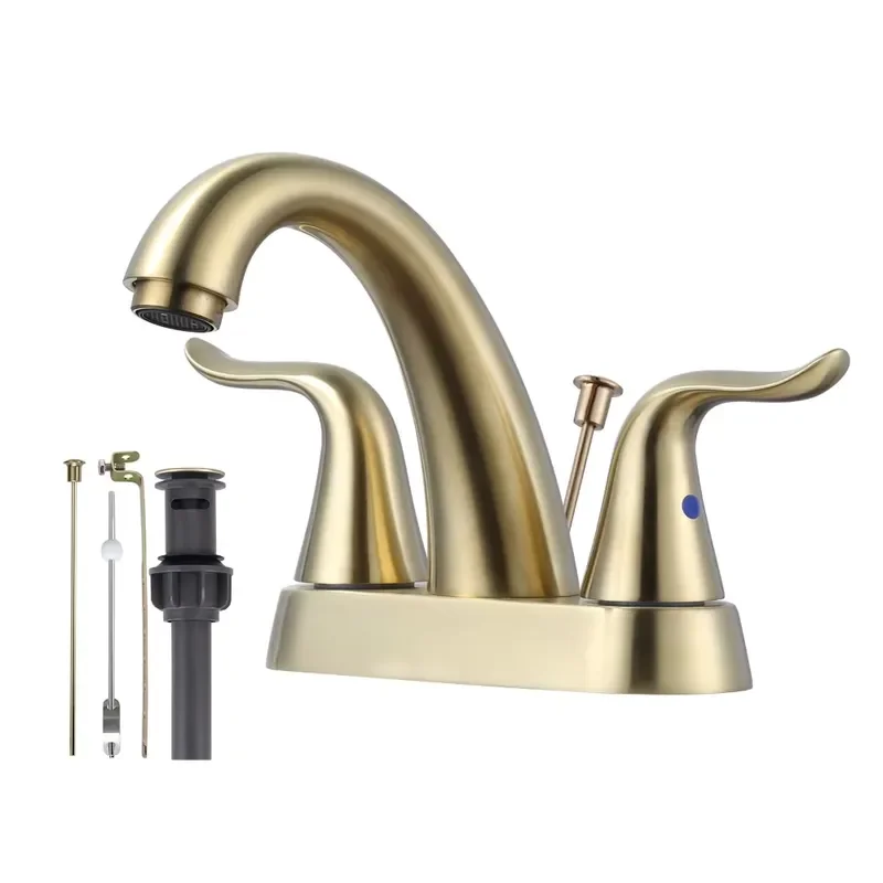 4 Inch Bathroom Sink Faucet Brushed Gold Centerset Vanity Faucet with Lift Rod Drain, Two Handles Basin Mixer Tap