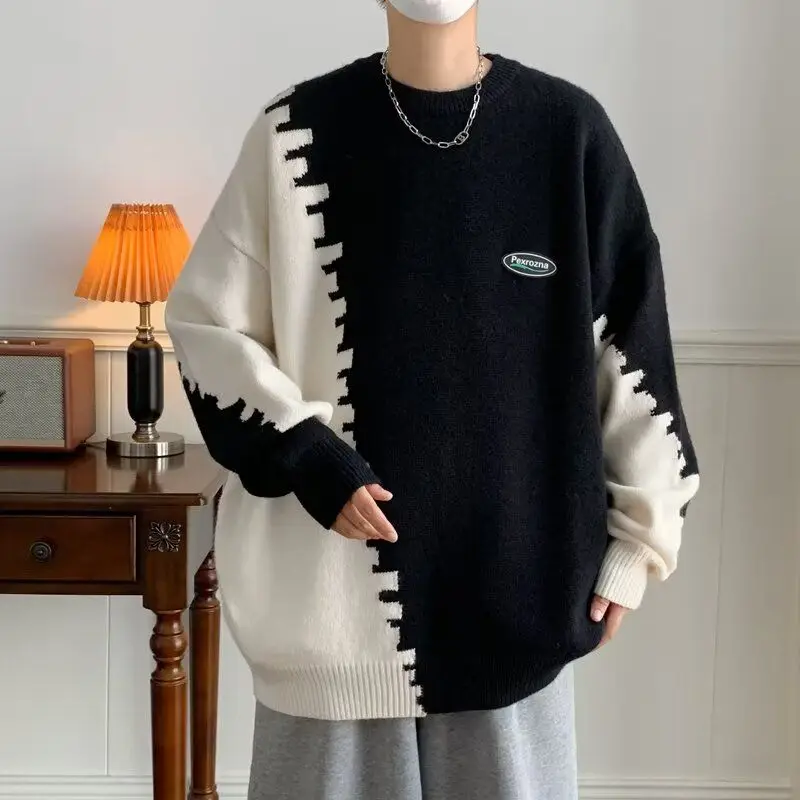 Contrasting Colors Patchwork Pullovers Knitted Men's Clothing Casual Long Sleeve Autumn Winter Round Neck Basic Korean Sweaters