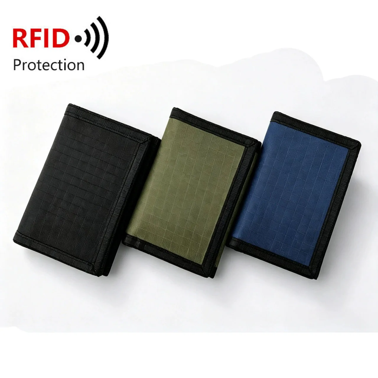 RFID Men's Durable Grid‑Pattern Nylon Fabric Wallet Youth Students Trifold Zipper Purse Card Holder Men Women Daily Coin Pocket