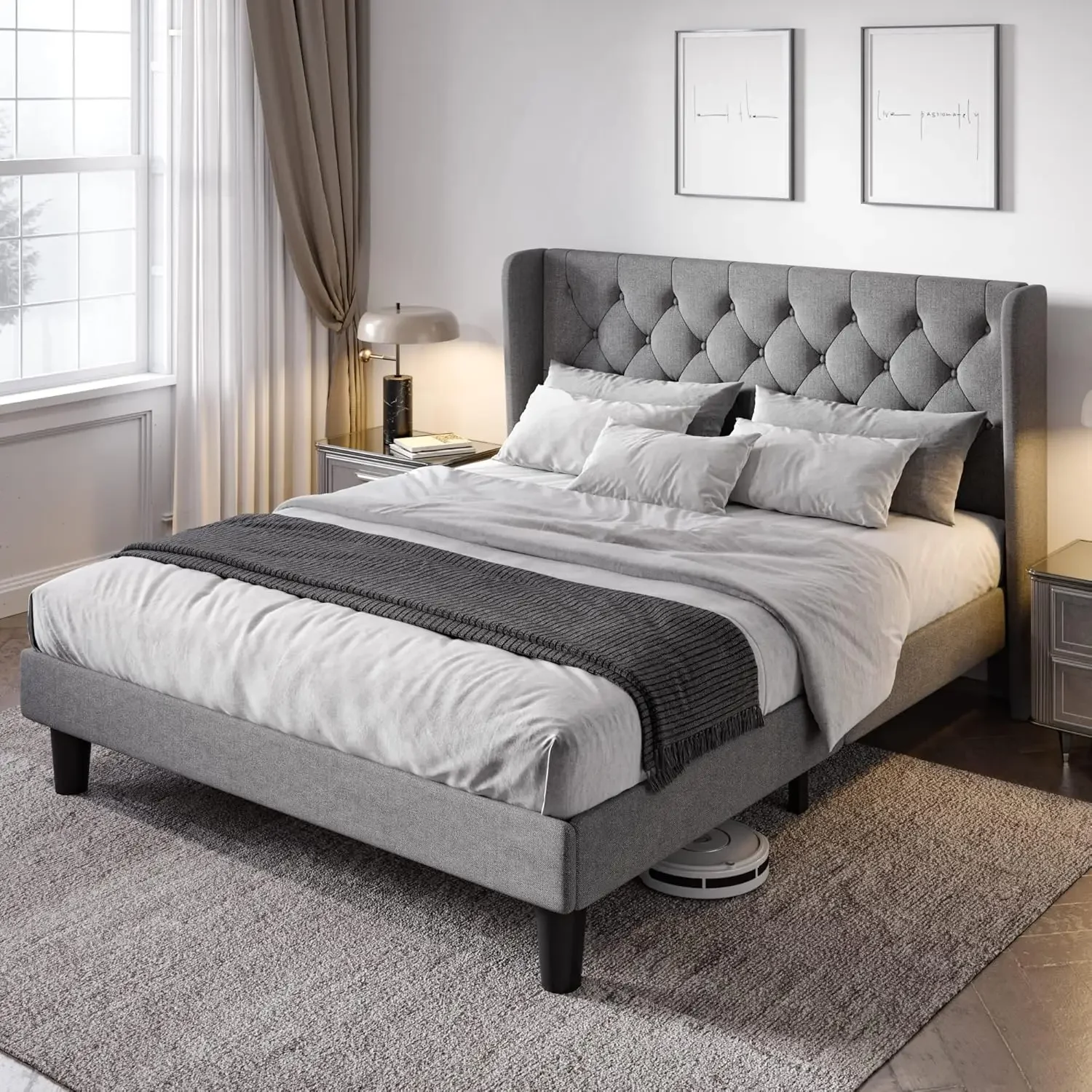 Queen Size Bed Frame with Button Tufted Wingback Headboard, Modern Upholstered Bed Frame with Solid Wooden Slats Support