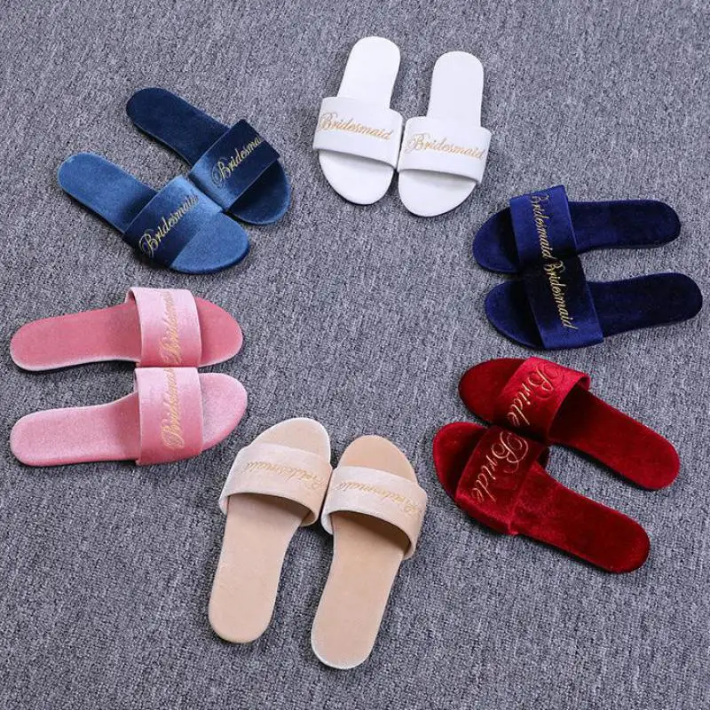 Autumn Winter Velvet Women Slippers Embroidery Bride Bridesmaid Wedding Flat Slippers Summer Shoes Sandal Zapatos De Mujer