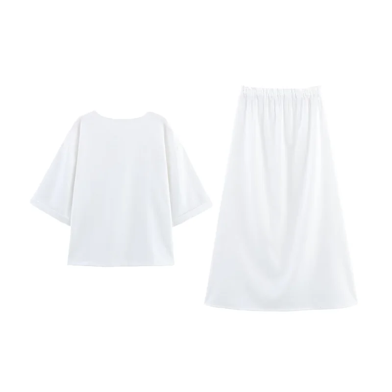 

2025 Summer New Women's Linen irt Midi Skirt Two-Piece Set round Ne ort Sve Long Pants Faionable Casual Outfit