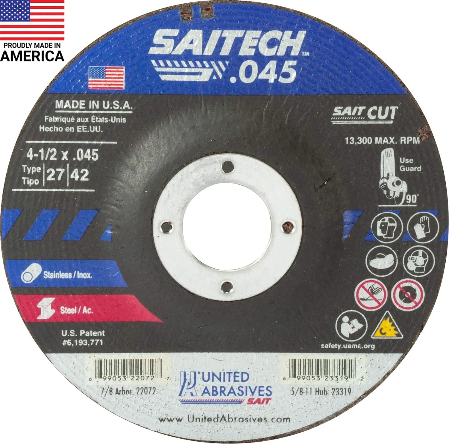 SAIT 22072 Saitech™ High Performance Cut-Off Wheels (Type 27/Type 42 Depressed Center) 4 1/2" x .045" x 7/8", 4.5 Inch (Pack of