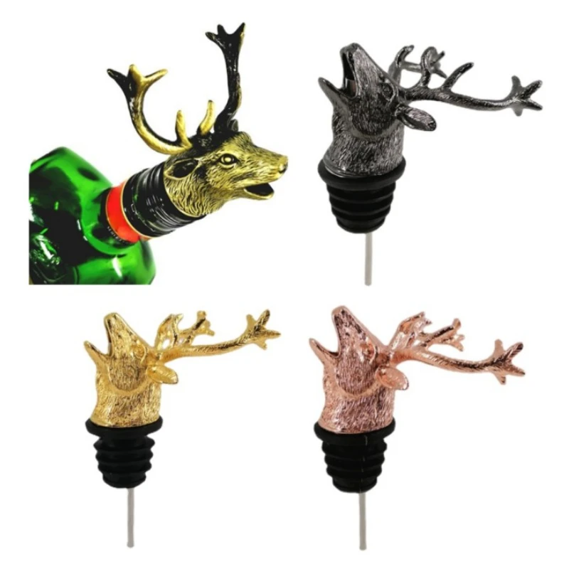 New Style 6 Colors Wild Deer Head Pour Spouts Metal Zinc Alloy Wine Mouth Rose Pastoral Cork Bar Tools Artwork Wine Decoration