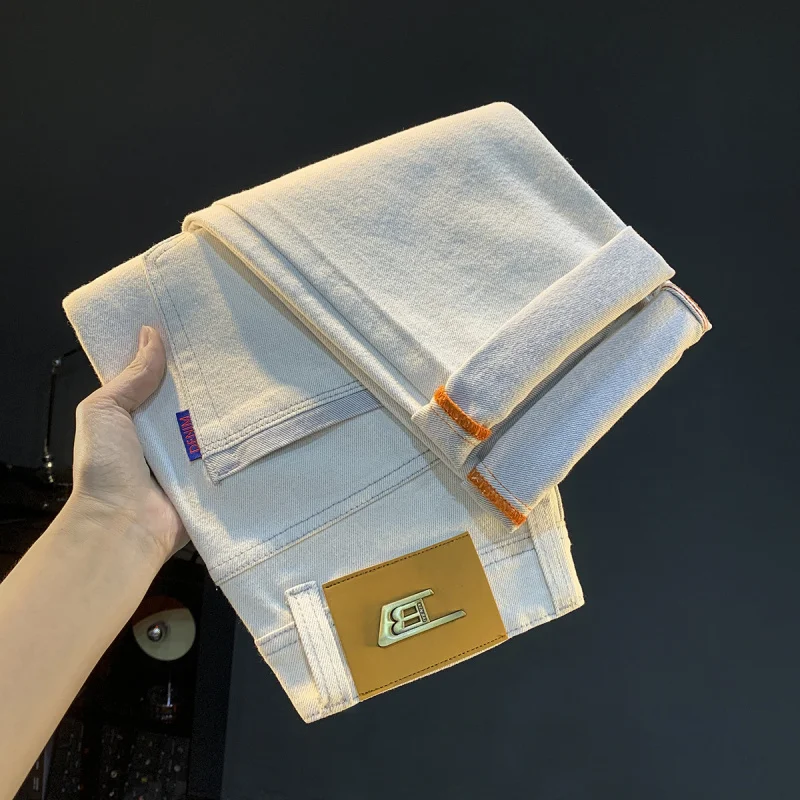 

Белые джинсы, осень 2024, трендовая мужская одежда, маленькая прямая нога, удобная повседневная легкая эластичная одежда luxu