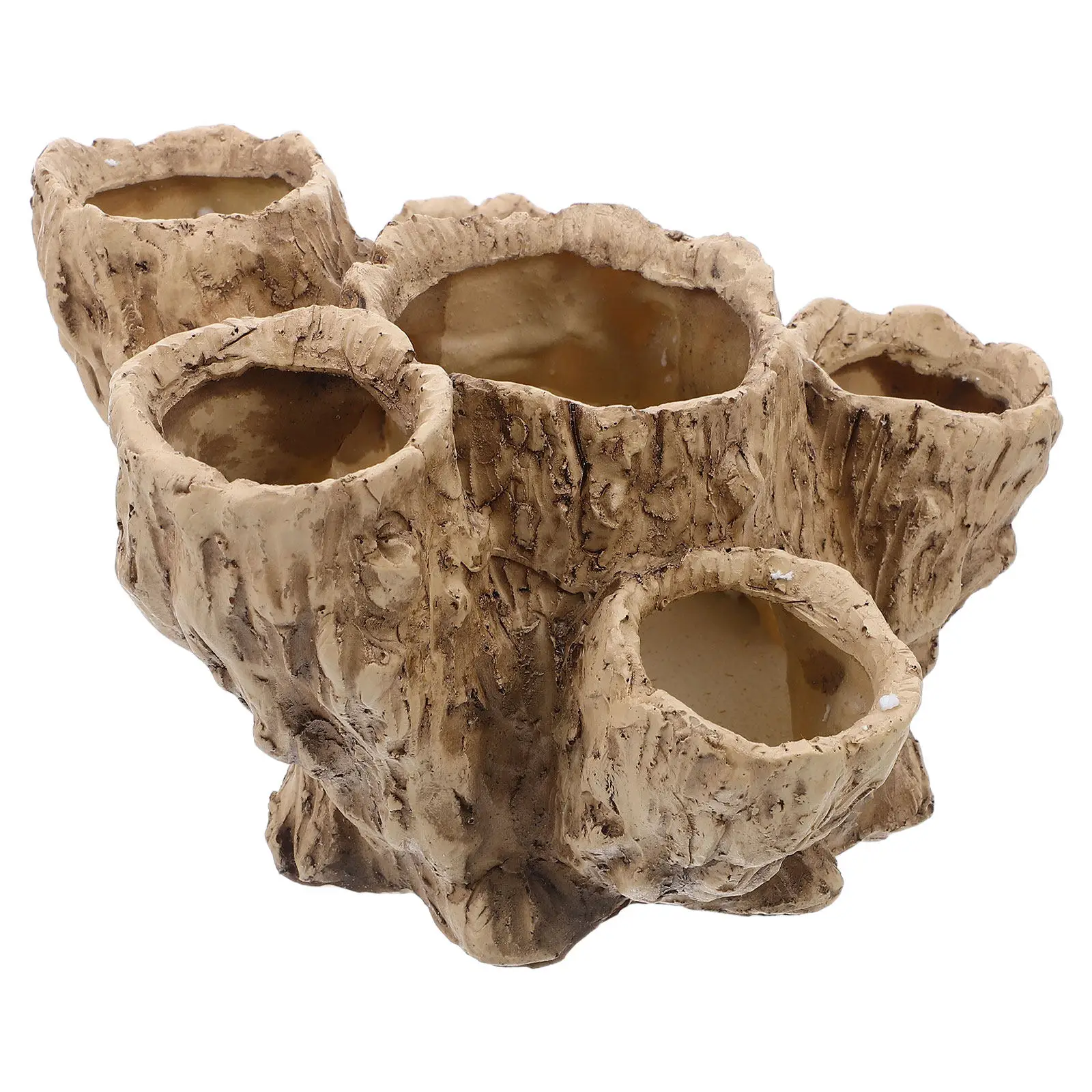 Artificial Driftwood Stump Planter Resin Bonsai Pot for Succulents Cactus with Drainage Hole 6 Planting Openings Modern
