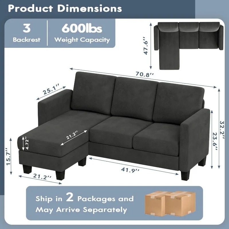 Convertible Sectional Sofa Couch, L-Shaped 3 Seat with Linen Fabric and Movable Ottoman, for Small Apartments, Living Room and O