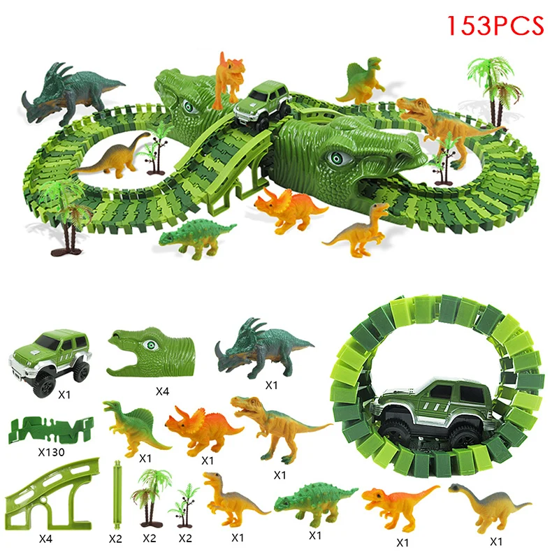 Dinossauro Elétrico Rail Car Railway Toy Set para Crianças, DIY Montagem Building Blocks Track, Flexível Mutável, Meninos Presente, 153Pcs