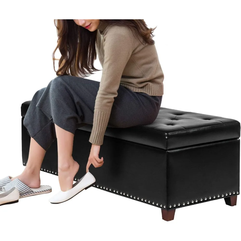 مقعد عثماني من الجلد معنقدة مقاس 47 بوصة مع مساحة تخزين وحواف رأس الأظافر لغرفة النوم باللون الأسود