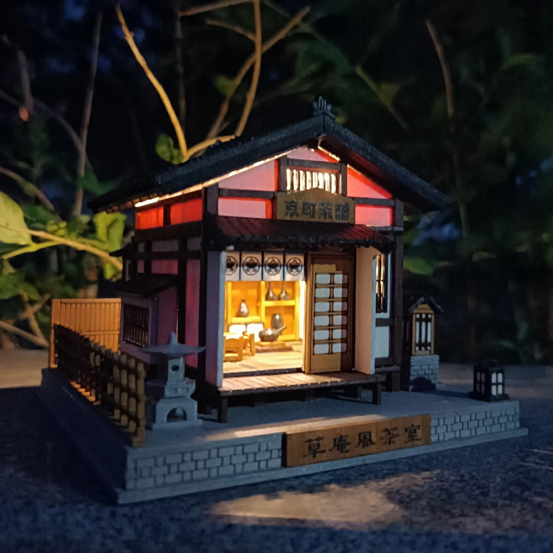 Nieuwe Diy Houten Miniatuur Model Kit Japanse Theesalon Casa Poppenhuizen 3d Puzzel Poppenhuis Met Meubelverlichting Vrienden Geschenken