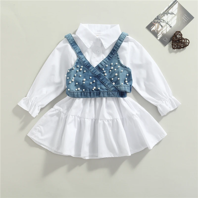 Moda crianças roupas da menina do bebê cor sólida manga longa camisa vestido denim miçangas colete 2 pçs roupas