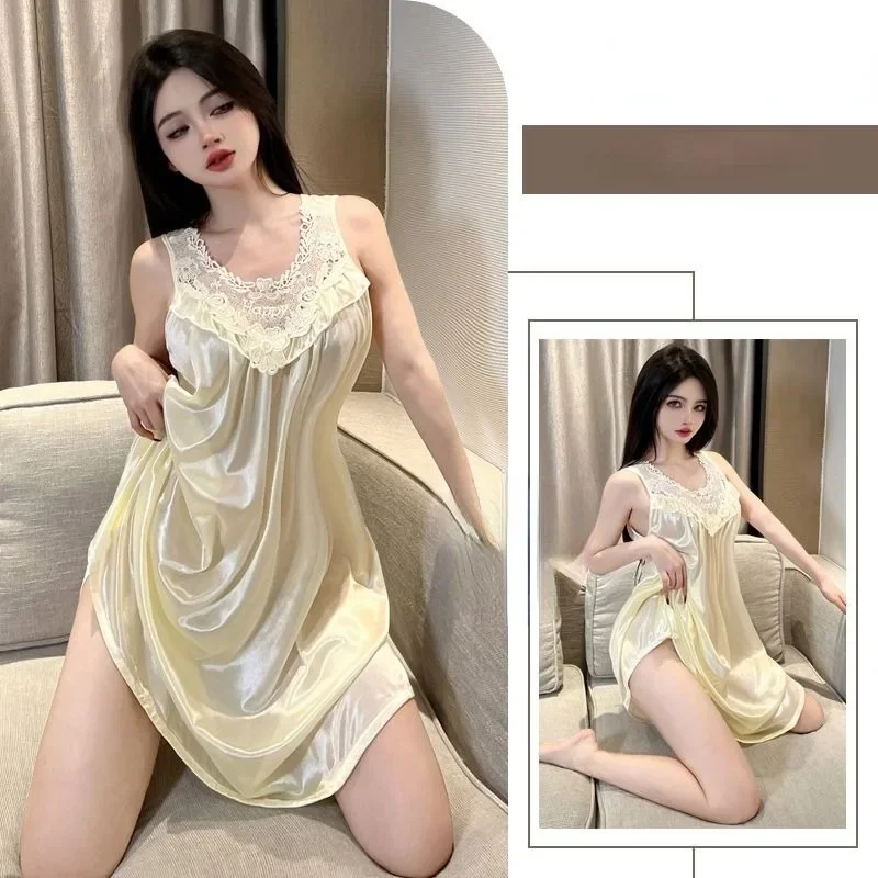 

Loose Sleeveless Home Clothes Thin Round Collar Pajamas Women Summer Simulation Suspender Nightgown Ladies Sexy Lace Sleepshirts