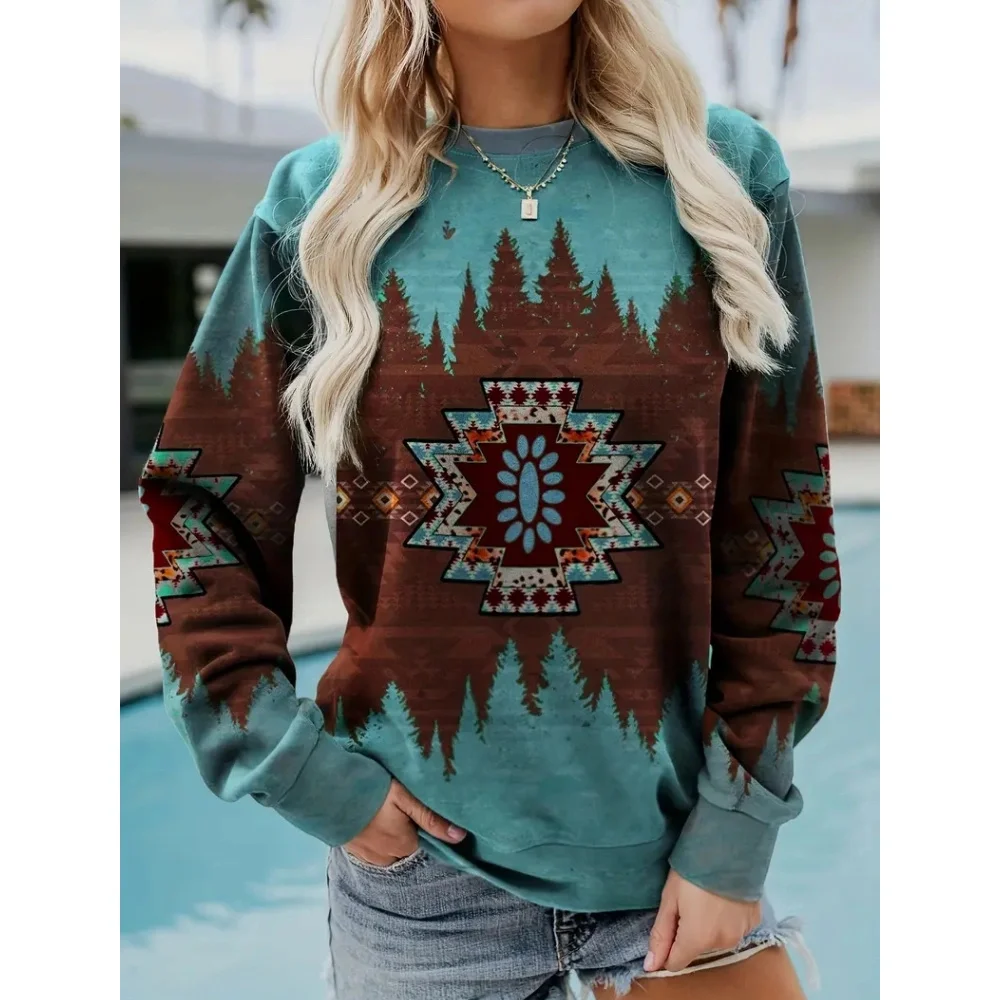 Bohemian Women\'s Autumn And Winter Round Neck Long Sleeved Fashions Retro Color Blocked Printed Sweatshirt 2024 New Casual Top