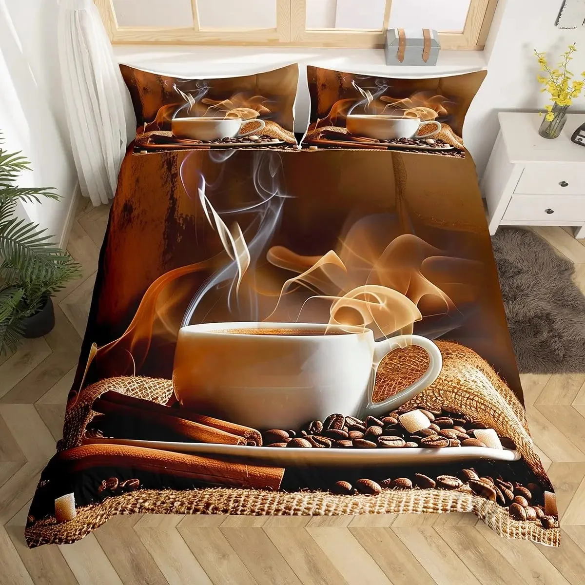 Funda nórdica de café, juego de cama con estampado de taza de bebida de café de dibujos animados Queen King, funda de edredón para amantes del café, funda de edredón marrón moderna