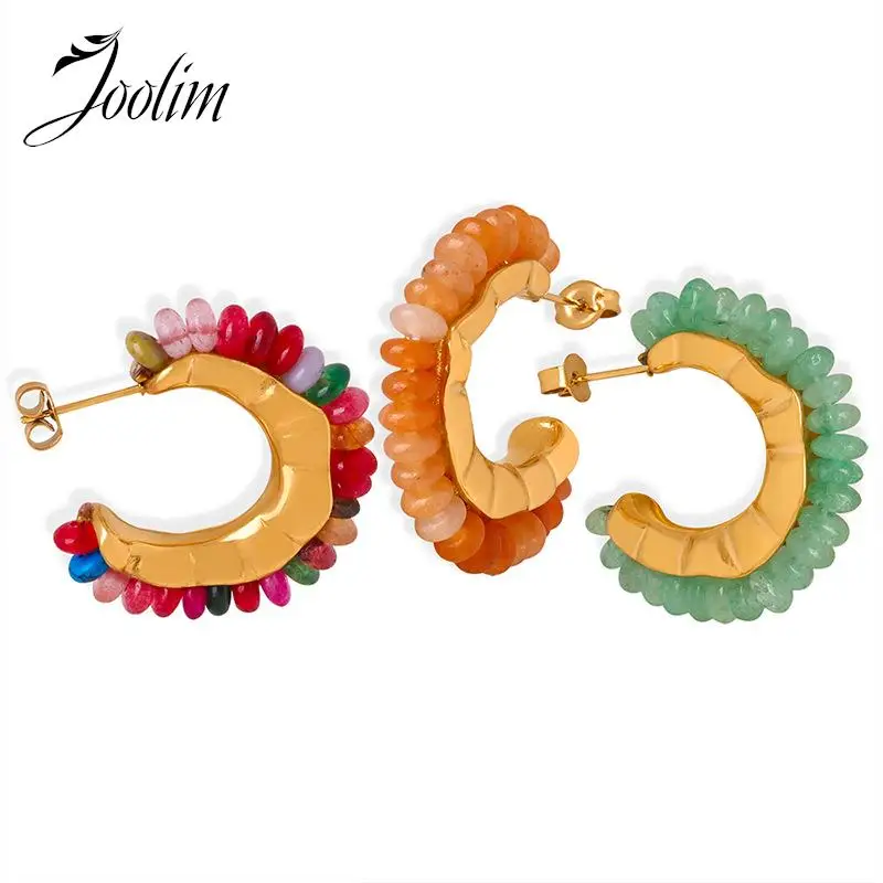 

Joolim Jewelry Wholesale No Fade Vintage C-shaped Colorful Natural Yellow Agate Green Ghost Stone Hoop Stainless Steel Earring