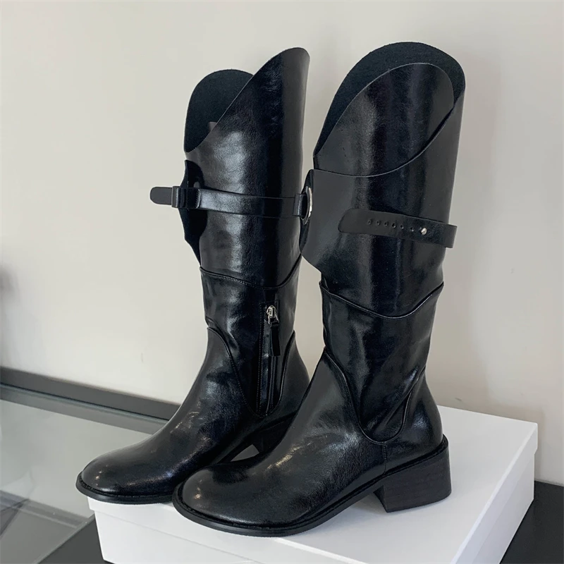 

Eilyken дизайнерский ремень с пряжкой и круглым носком, женские сапоги до колена, модные длинные ботильоны на квадратном низком каблуке с застежкой-молнией