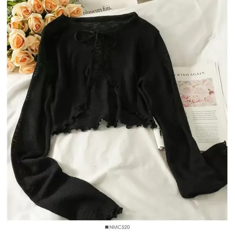 Sweet Ruffle Lace Up Cardigan Women Summer Long Sleeve Sunscreen Jacket Woman Candy-color Chiffon Crop Tops