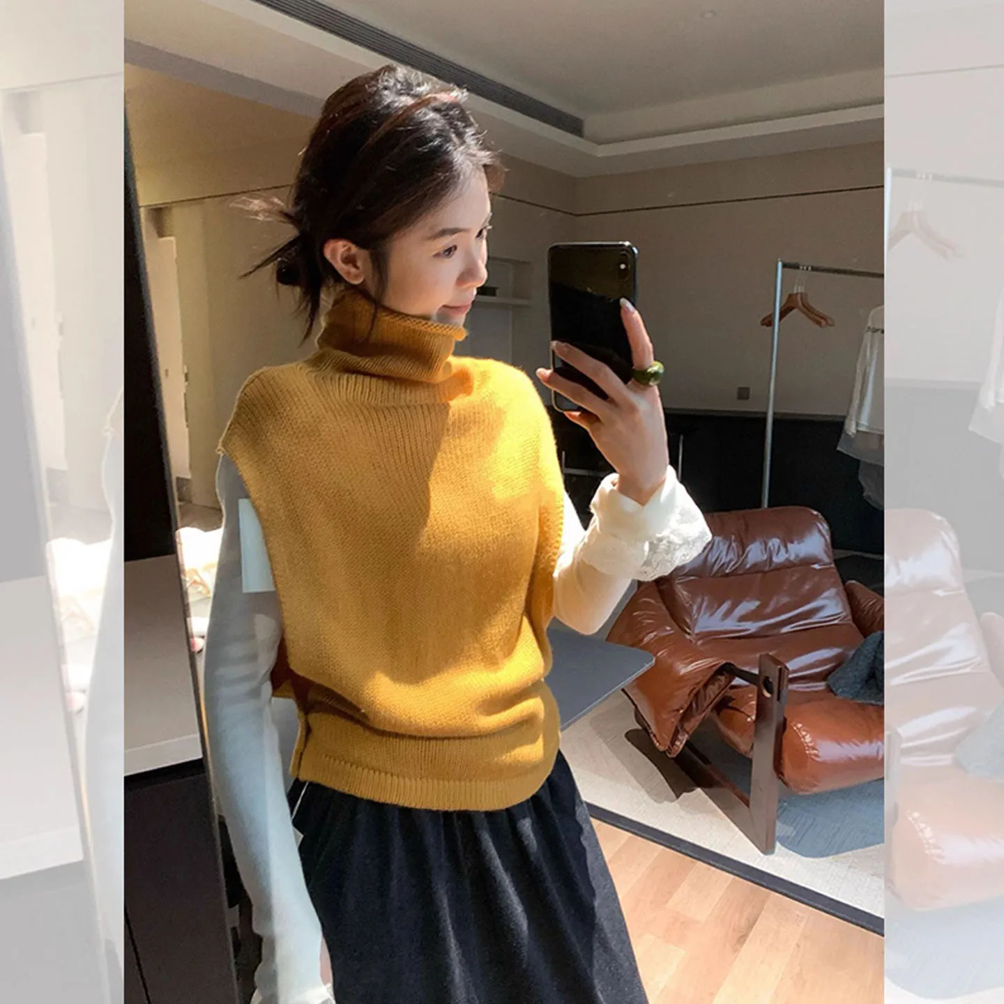 Żółta dzianinowa kamizelka z wysokim kołnierzem, damska, na wczesną jesień, do noszenia warstwowo, sweter na ramię, odzież wierzchnia.