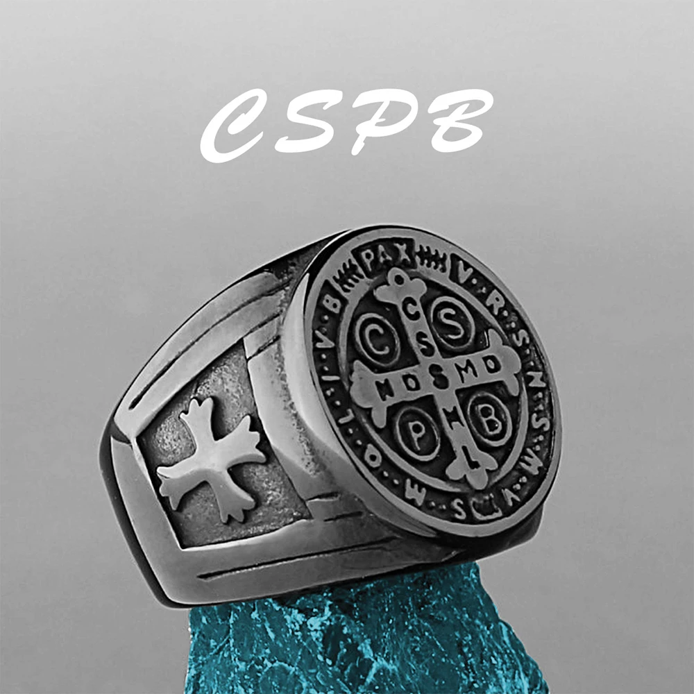 Vintage Christian St. Benedict Cspb Cross Ring For Men Punk Hip Hop Stainless Steel Jesus Ring Jewelry Creative Gift Wholesale