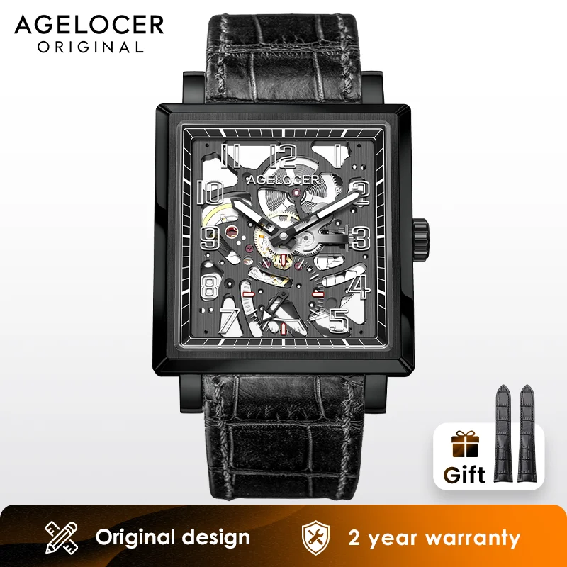 

AGELOCER Original Codex Watch Men's Luxury Square Hollow Skeleton Luminous Manual Mechanical Watch Birthday Gift for Men