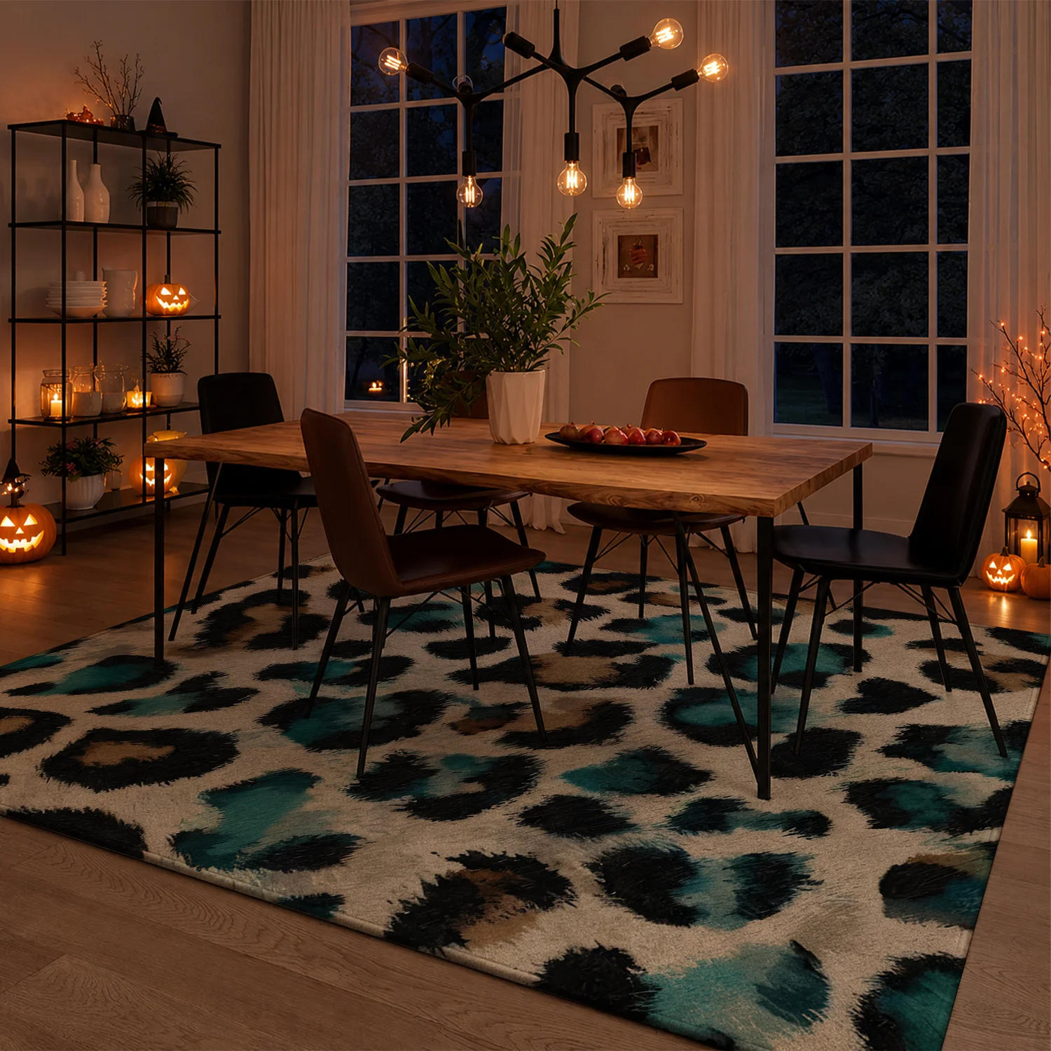 Large Indoor Area Rug, Soft Velvet Low Pile Teal Leopard Print Rug with Non-slip Dotted Backing, Machine Washable for Living Room Bedroom Home Decor