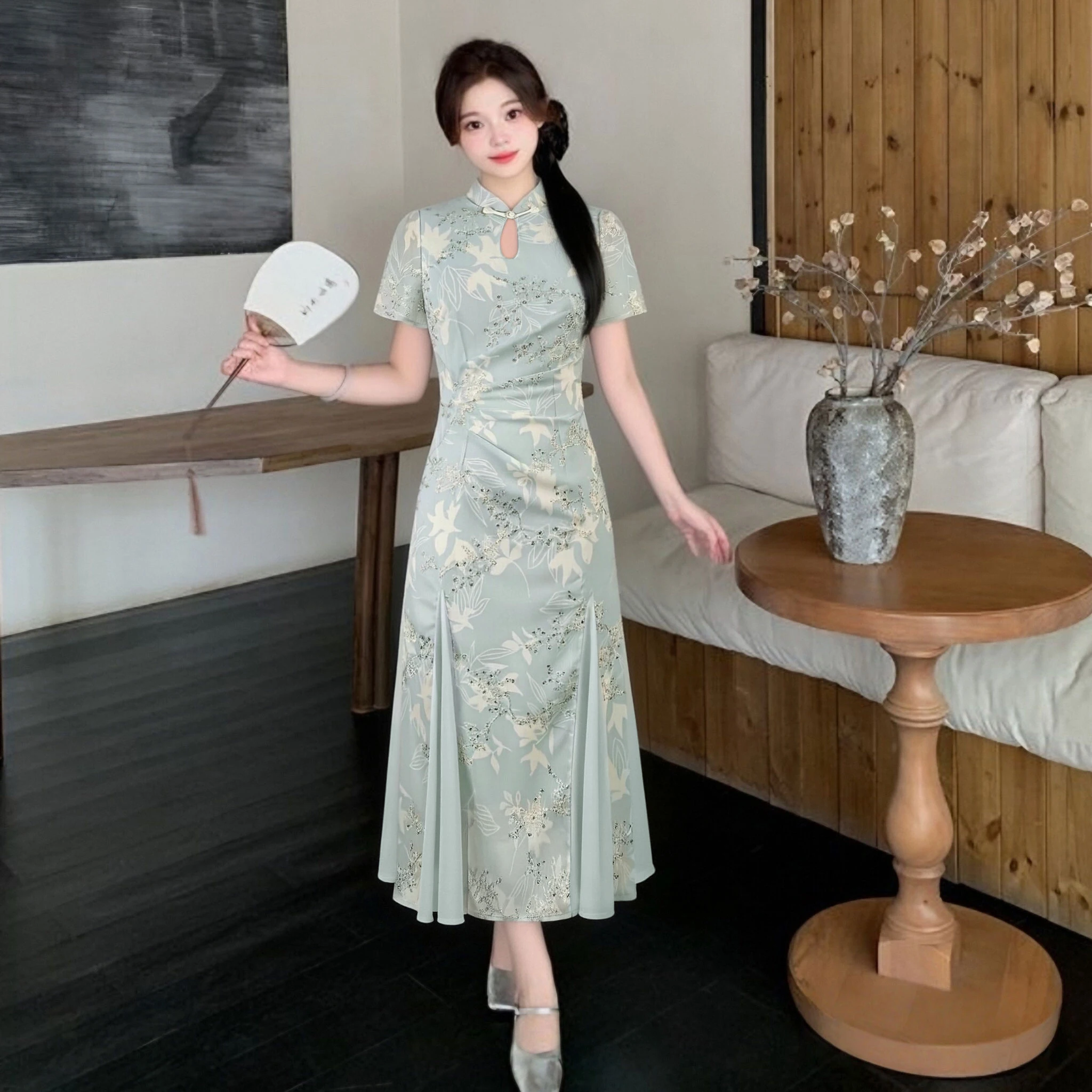 

Slimming Long Dress New Chinese Minimalist Style with Retro 1920s Style Summer New Arrival Women's Casual Dress