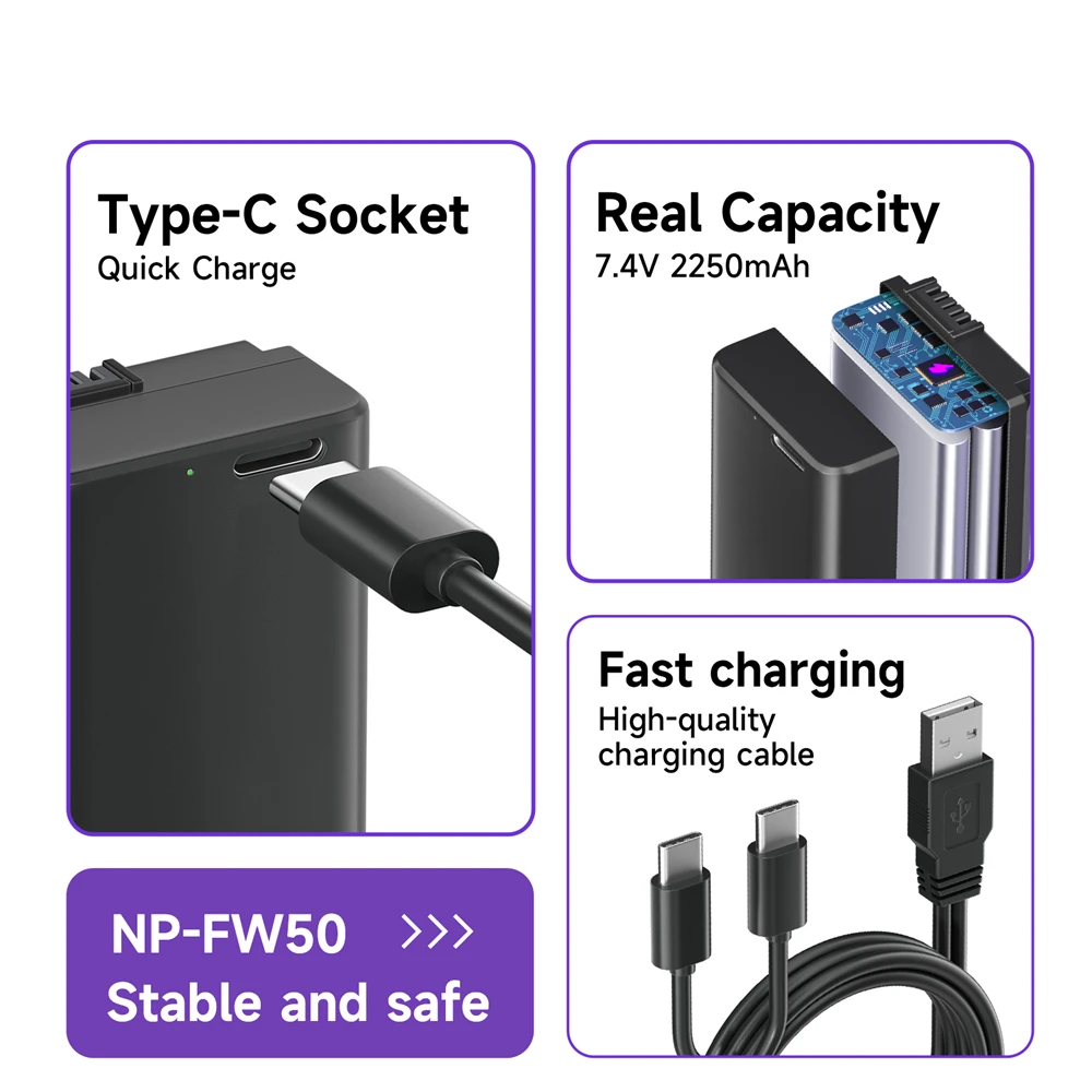 PALO NP-FW50 NP FW50 Battery with Type-C Charging Input for Sony Alpha a6500 a6300 a6000 a5000 a3000 NEX-3 A7 A7M2 A7R 7SM2 7M2