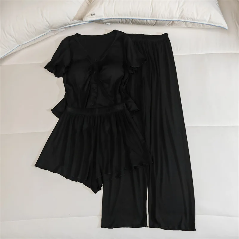 Women's Pajamas Casual Short Sleeve Chest Pad Top Shorts Trousers Sets Modal Comfortable Sleepwear Three Pieces Suit Home Wear 2