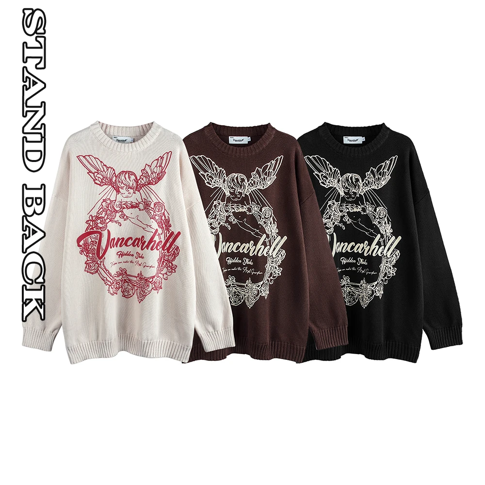 

American Vintage Flower Little Angel Jacquard Sweater Male Oversize Loose Couple China-Chic Knit Top Autumn sweater men