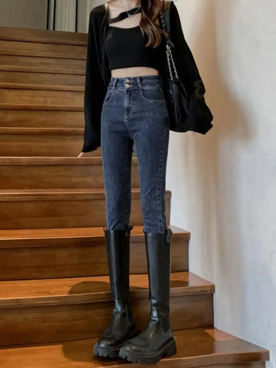 

Облегающие джинсовые капри с высокой талией, женские осенне-зимние новые эластичные эластичные универсальные брюки с девятью точками...