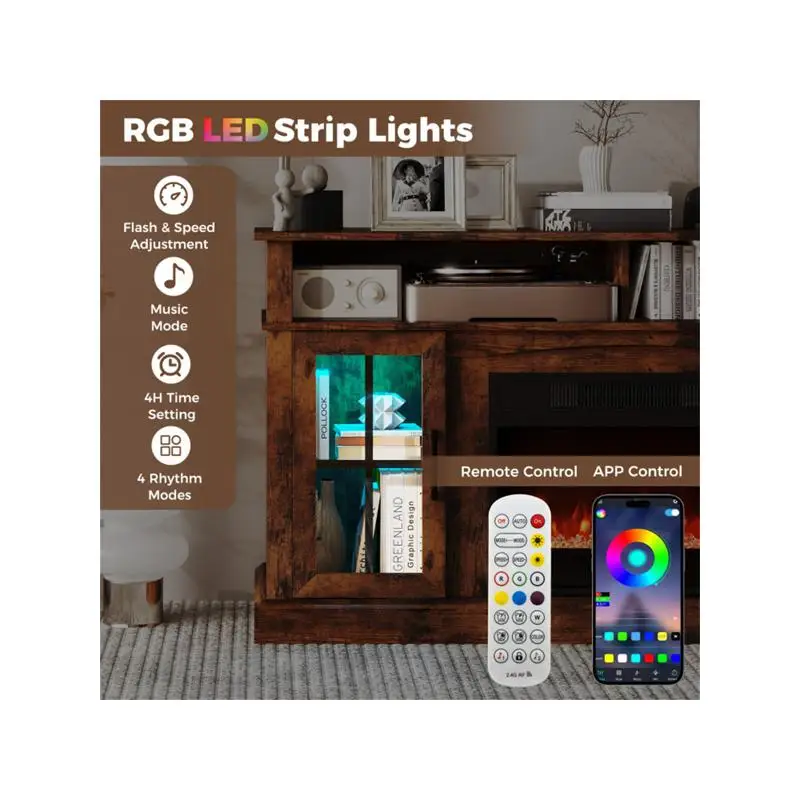 حامل تلفزيون مقاس 58 بوصة مزود بمدفأة RGB - تطبيق ذكي وجهاز تحكم عن بعد، سخان 4777 وحدة حرارية بريطانية (62 ° F إلى 82 ° F) - تصميم بني ريفي #3