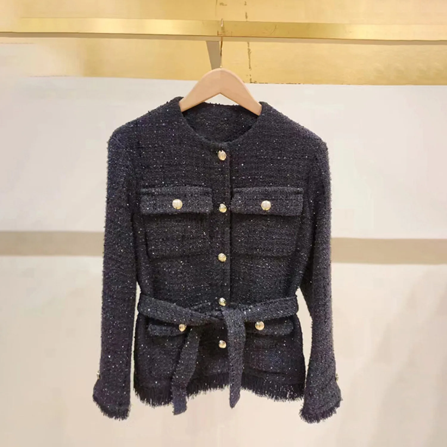 M-Home automne hiver nouveau Faion minceur paillettes travail lourd Thiened Tweed petite Fraance Sle femmes Jaet vêtements d'extérieur