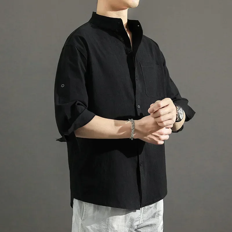 2024 Summer Japanese Casual Loose Stand Collar Cotton and Linen Shirt Men\'s Linen Shirt Three-quarter Sleeve Men Shirts