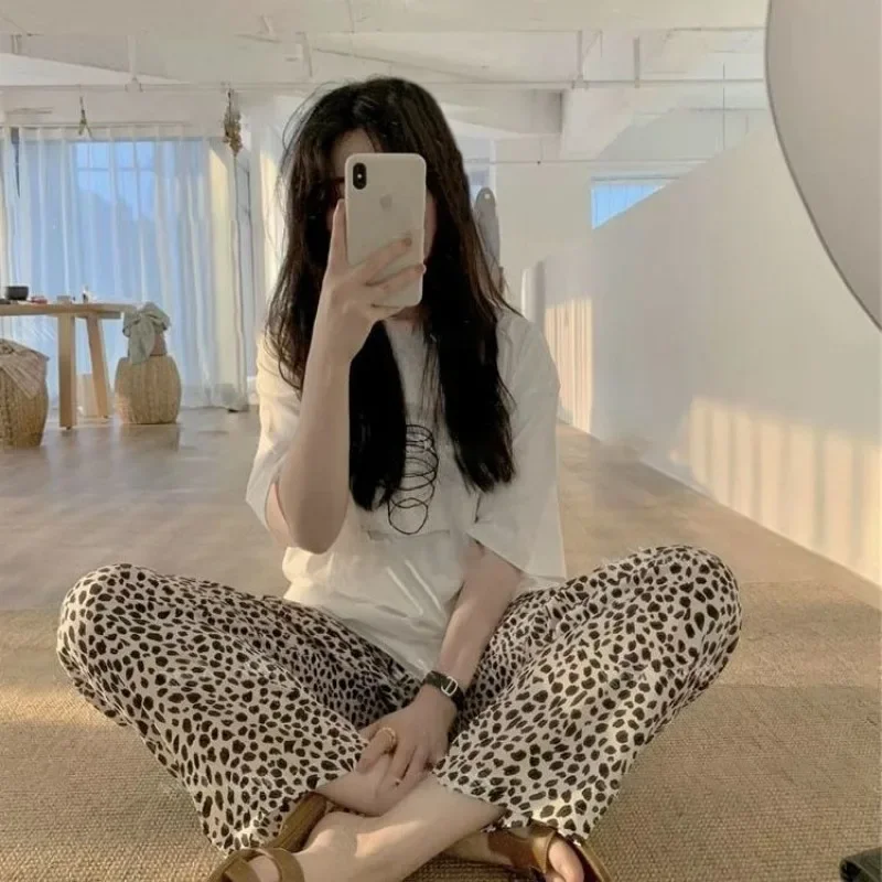 Leopard Pajamas Pants for Women Sleep Sleepwear Korean Style Summer Ankle Length Bottoms Home Elastic Waist Room Sleeping Wear