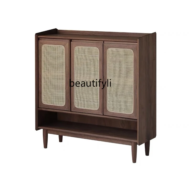 

North America Black Walnut Wooden Shoe Cabinet Entrance Cabinet Solid Wood Locker Home Storage Modern Minimalist Rattan