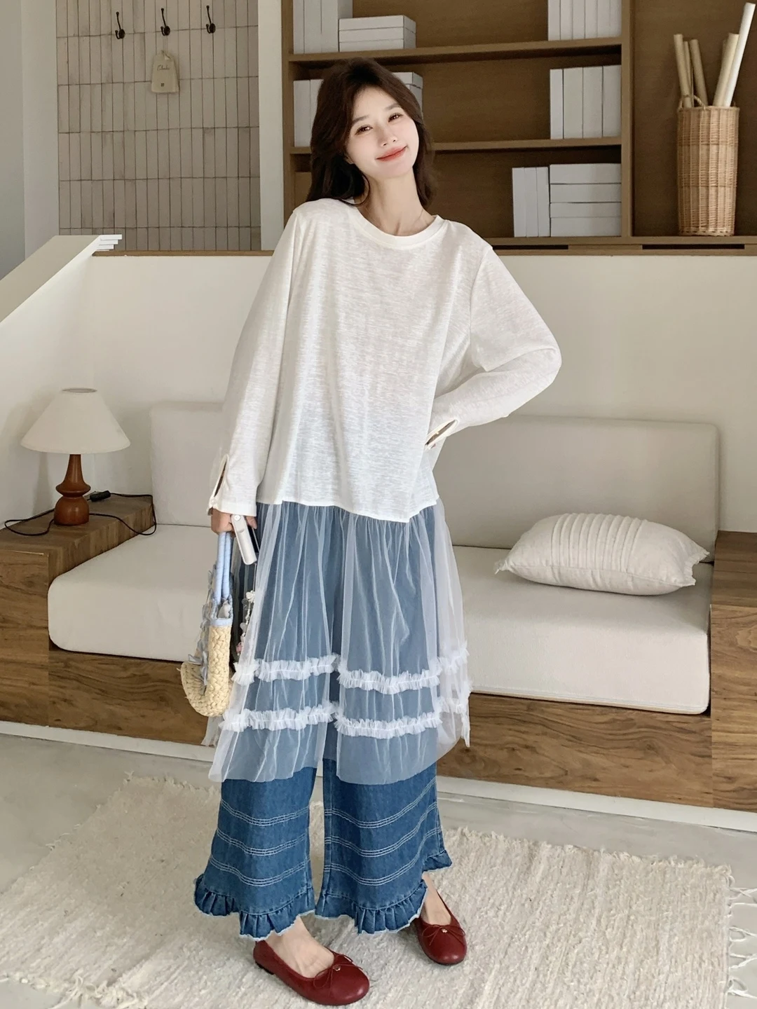 

Women's T-shirt Skirt Denim Wide Leg Pants Set Spring Autumn New Style Lazy Layering Two-piece Set High Waist Loose Fit