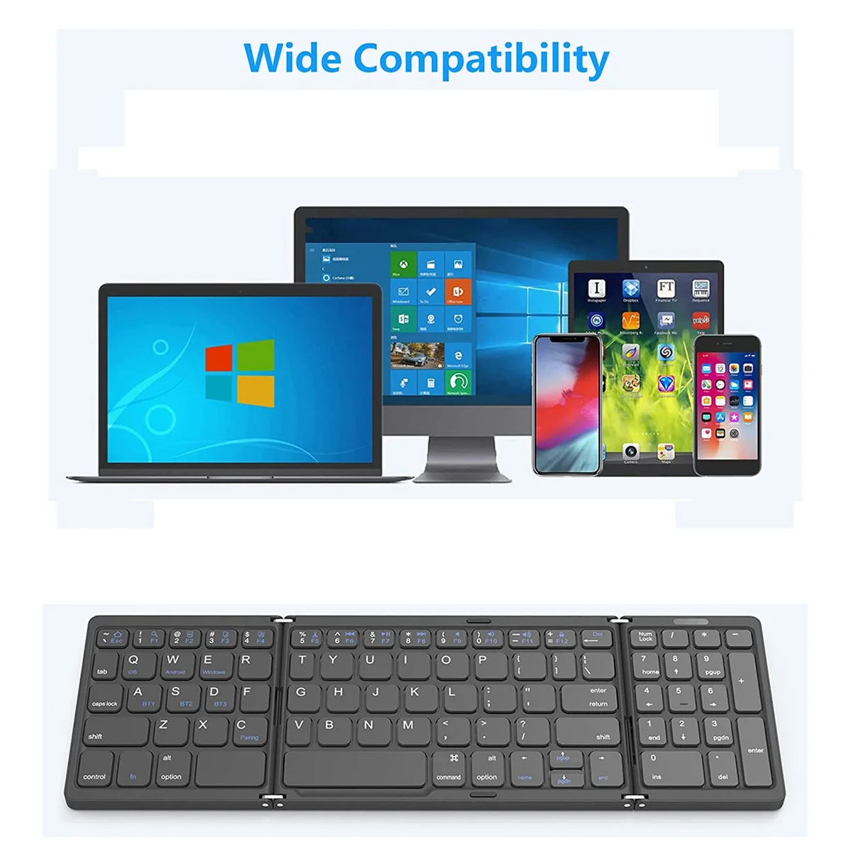 คีย์บอร์ดบลูทูธพับได้, แป้นพิมพ์ไร้สายชาร์จ USB สำหรับ iOS, Android, สมาร์ทโฟนแล็ปท็อป Windows PC-สีเทา