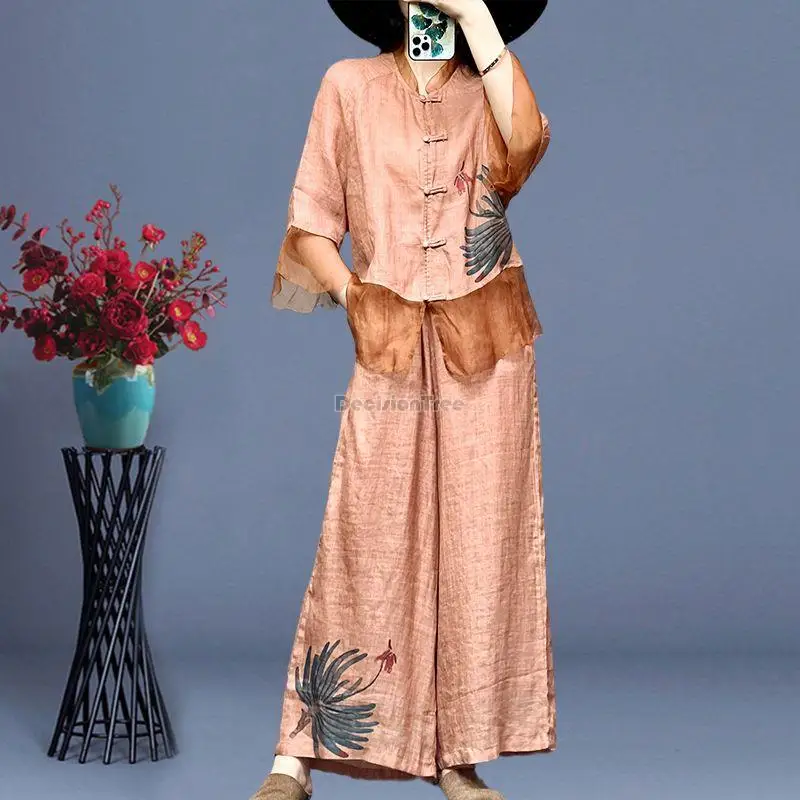 2023 summer chinese national style printed disc button stand collar ramie patchwork blouse long pants casual set female s335