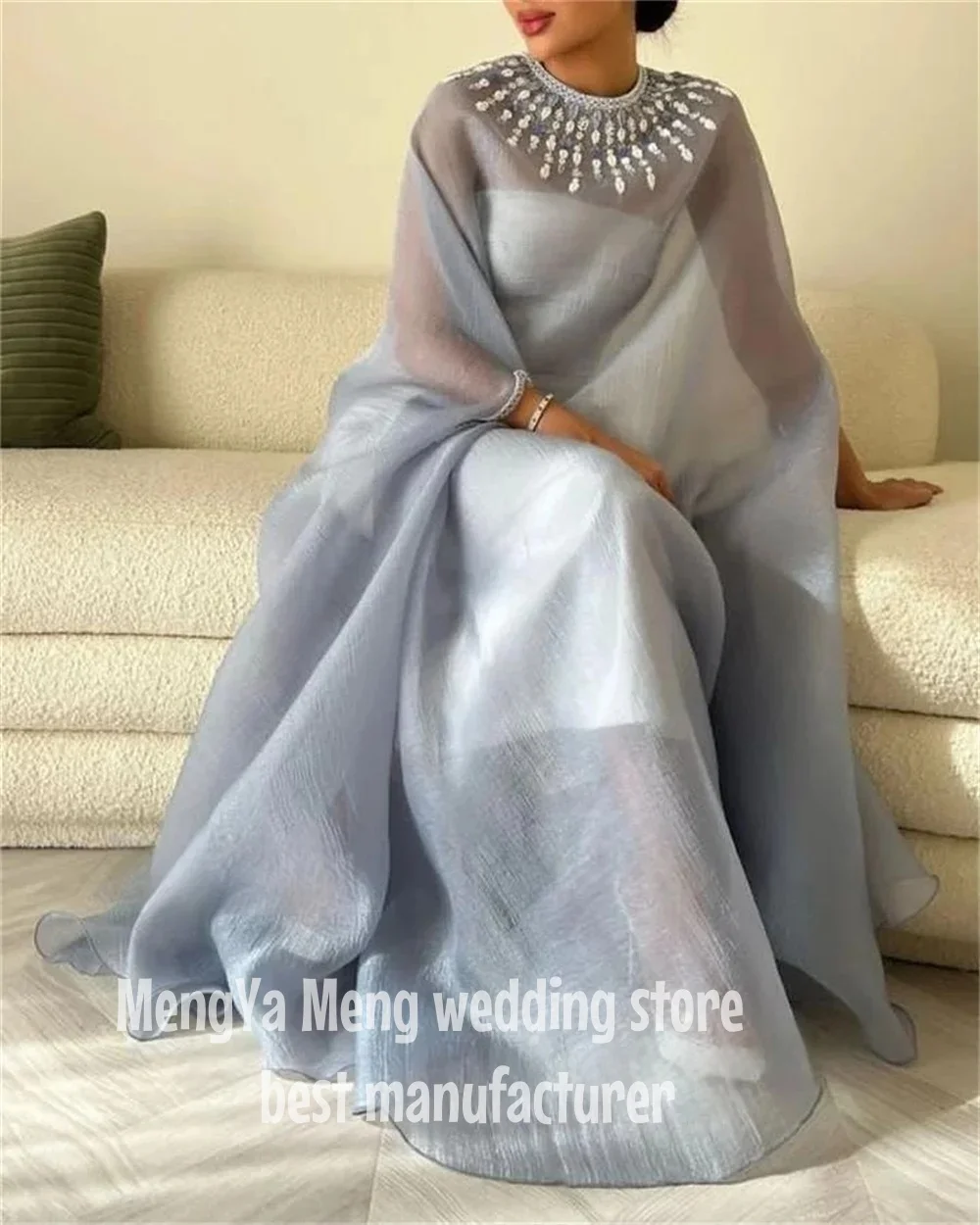 

Customized New Long Sleeves Saudi Arabia Prom Dresses O-Neck Ankle Length Beadings Formal Occasion Party Dress Women Evening