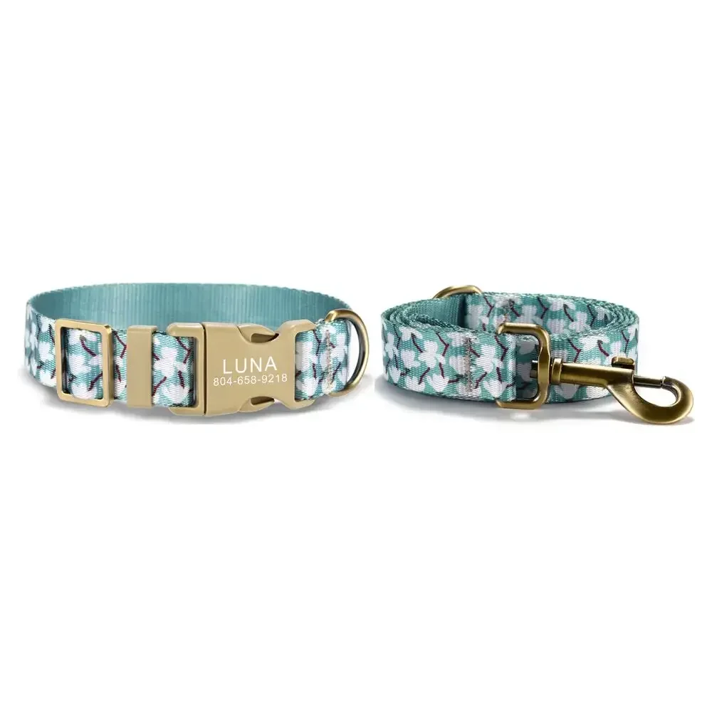 

Personalized Dog Collar with Free Engraving, Matching Pet Leash,Customzied Contacts Buckle, Blue White Flowers Cat Pet Collar