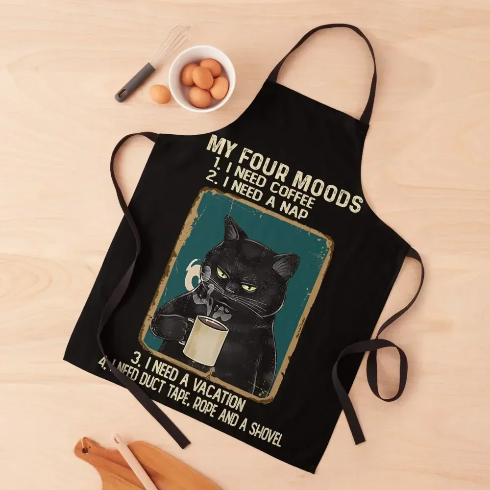 Vintage Black Cat My Four Moods I Need Coffee, A Nap, A Vacation, Duct Tape Rope And A Shovel Apron carpenter Children'S Apron