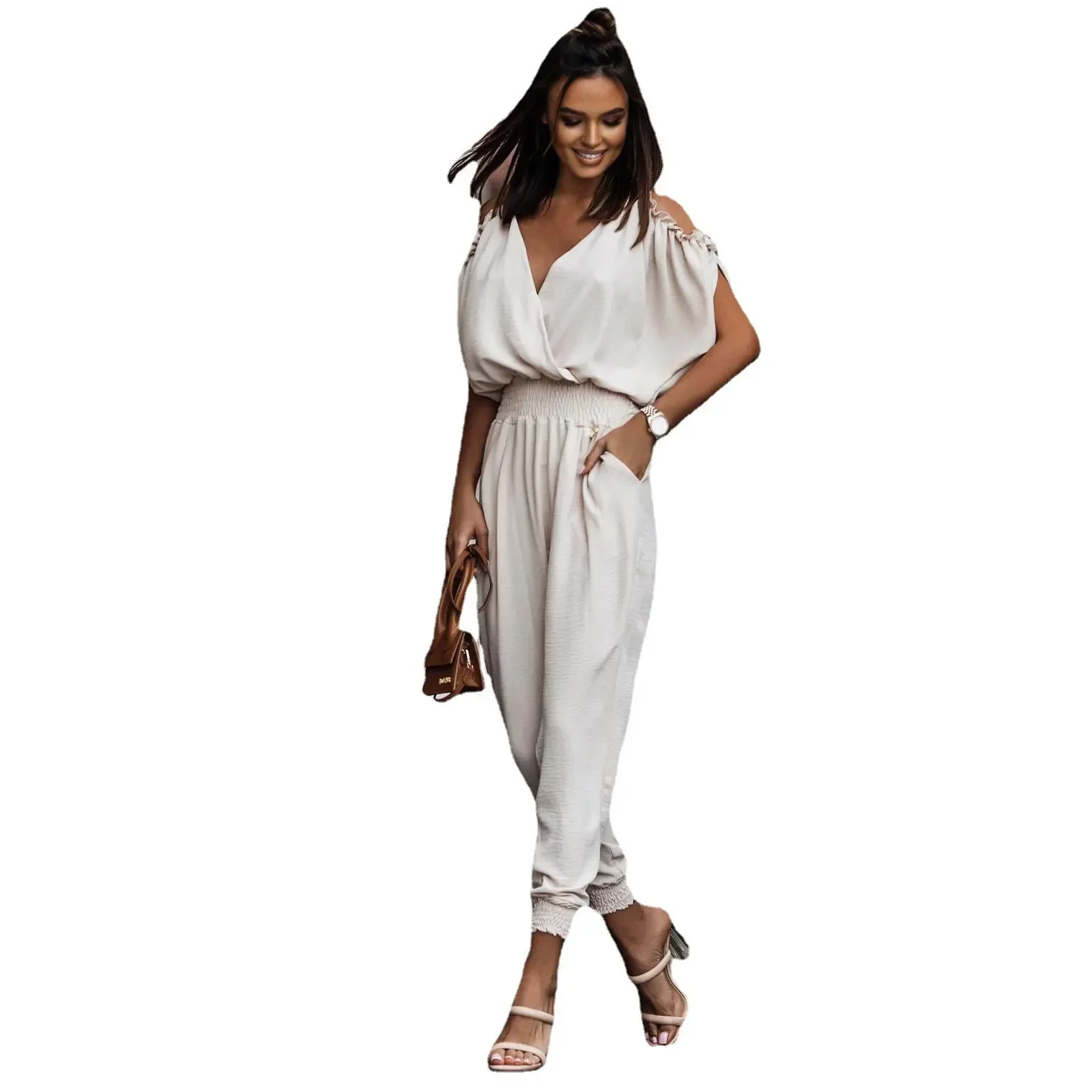 Dames Jumpsuits Zomer Casual Effen Elastische Taille Bodycon Jumpsuit Sexy Off Shoulder V Hals Korte Mouw Effen Zak Lange Broek