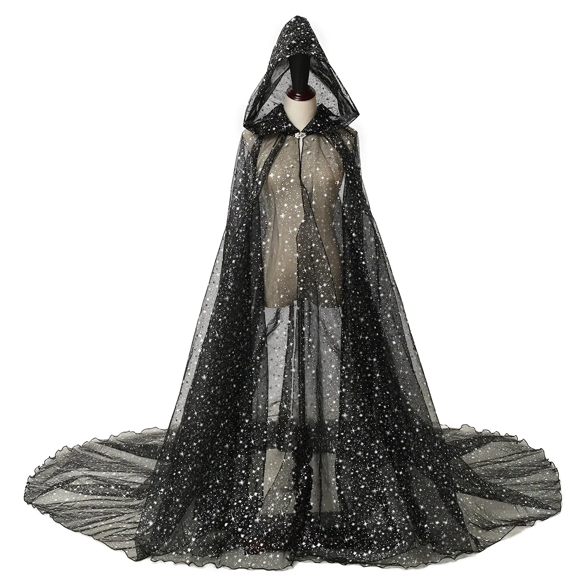 Halloween-Kapuzenumhang mit langem Schleier, einfarbig, glänzend, Sternenhimmel-Motiv, für Damen, geeignet für Hochzeiten, Gartenpartys, Bühnenauftritte, Kostüm, Tüllumhang – Detail 3