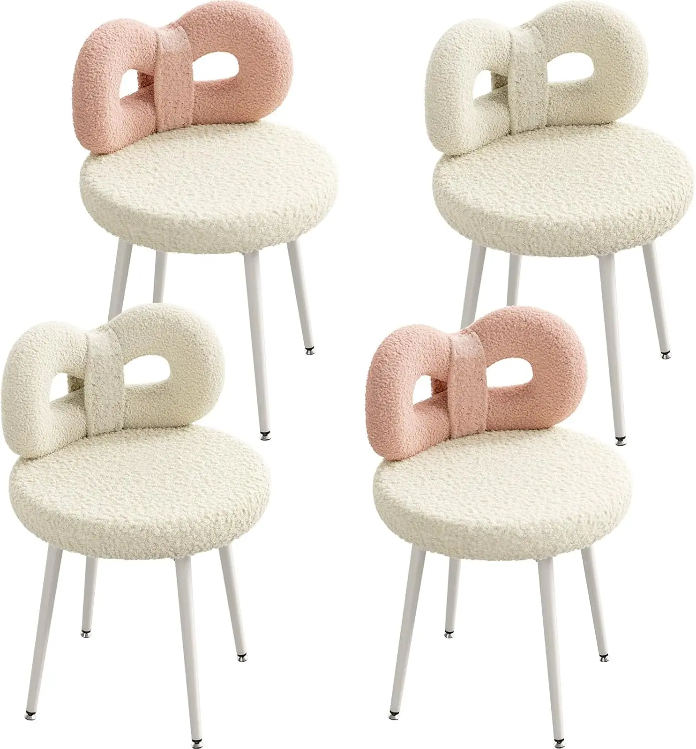 

ROOMTEC Vanity Chair with Back Set of 4, Small Upholstered Accent Chair with Cute Pink Bow Backrest for，Room,White2+Pink2