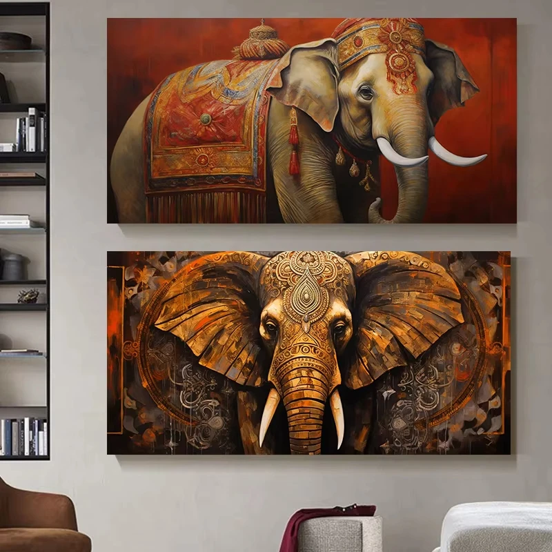 Affiche d'éléphant colorée indienne abstraite, peinture sur toile imprimée, tableau d'art mural pour salon, décoration de maison Cuadros