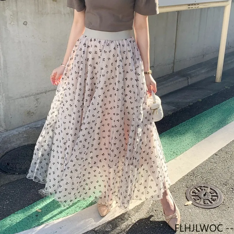 High Waist Cute Skirt Long New Design Autumn Spring Women Japan Girls Style Sweet Village Bowknot Butterfly Printing Skirts