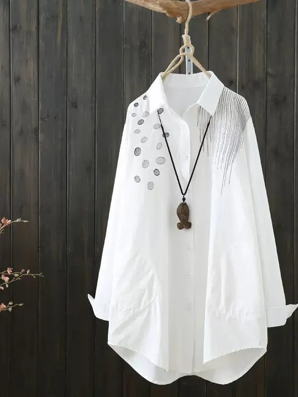 

Свободная женская хлопковая рубашка большого размера с вышивкой, длинным рукавом и средней длиной, в художественном стиле, повседневная, модная, весенняя новинка