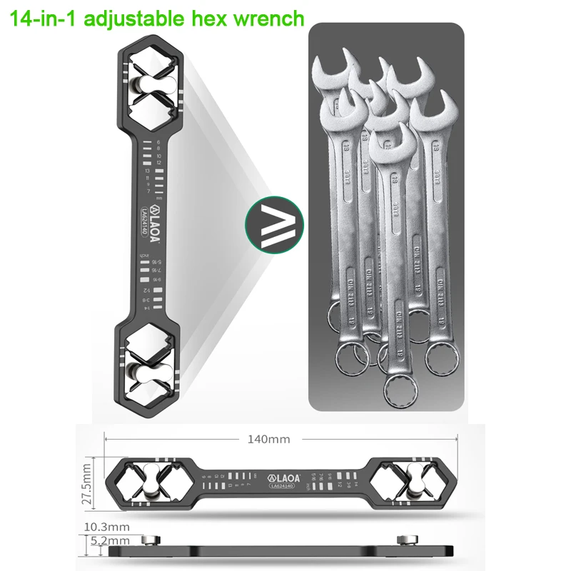 

LAOA Taiwan adjustable hex Wrench Multifunctional Adjustable Wrench Set 14 in 1