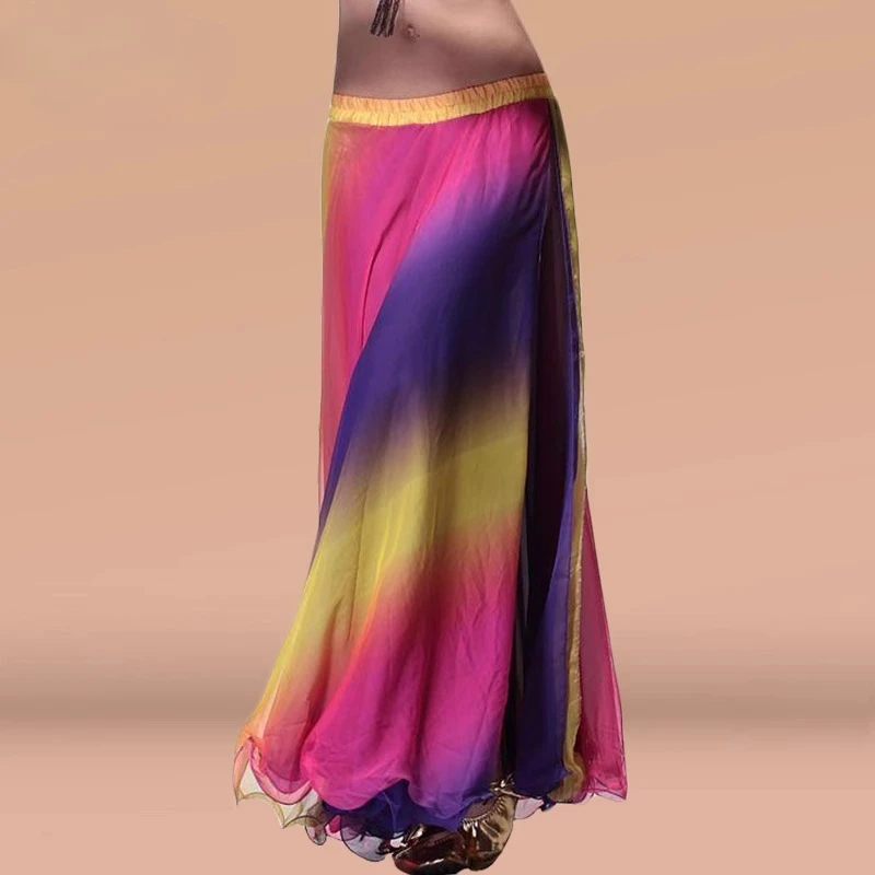 カスタマイズされたベリーダンス衣装グラデーションカラー二層スリットロールエッジスカートベリーカラフルなスリットスカートダンスビッグスイングスカート