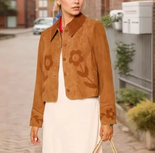 

Облегающее женское пальто на осень и зиму, новое замшевое темпераментное облегающее элегантное пальто с лацканами и цветочным тиснением на пуговицах с длинными рукавами